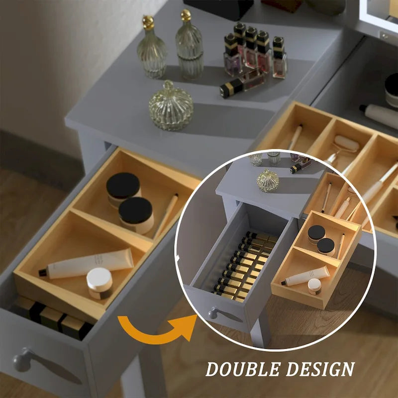 Coiffeuse, miroir LED relevable, 2 tiroirs, organisateur amovible, MDF, gris, 1 personne