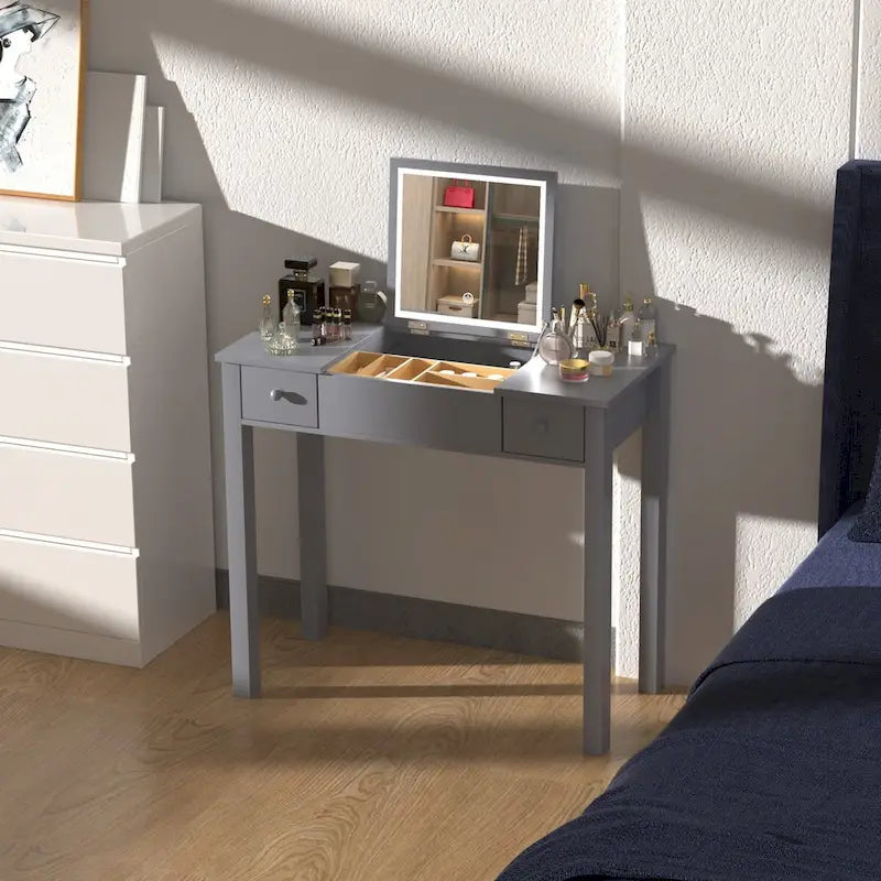 Coiffeuse, miroir LED relevable, 2 tiroirs, organisateur amovible, MDF, gris, 1 personne