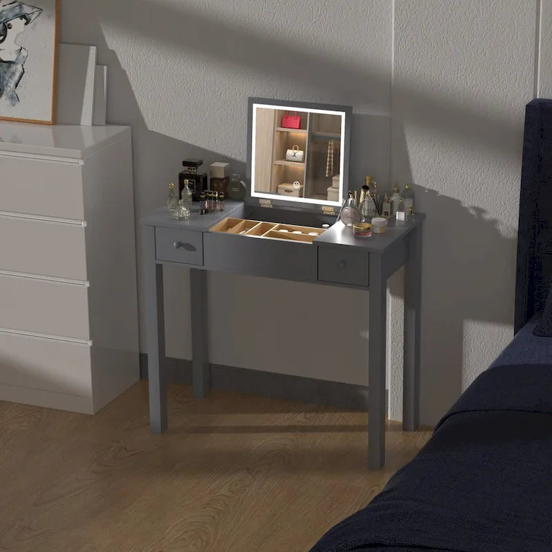 Coiffeuse, miroir LED relevable, 2 tiroirs, organisateur amovible, MDF, gris, 1 personne