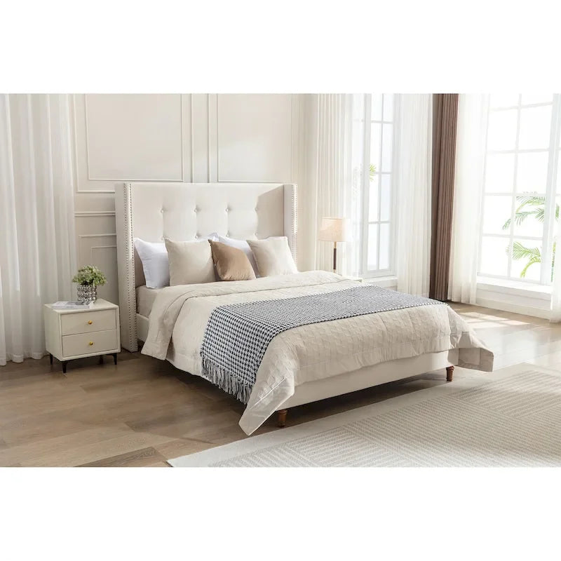 Lit double rembourré, tête de lit à oreilles, capitonné, garniture cloutée, tissu velours, lattes en bois, bleu/ivoire, pour 2 personnes