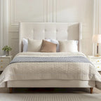 Lit double rembourré, tête de lit à oreilles, capitonné, garniture cloutée, tissu velours, lattes en bois, bleu/ivoire, pour 2 personnes