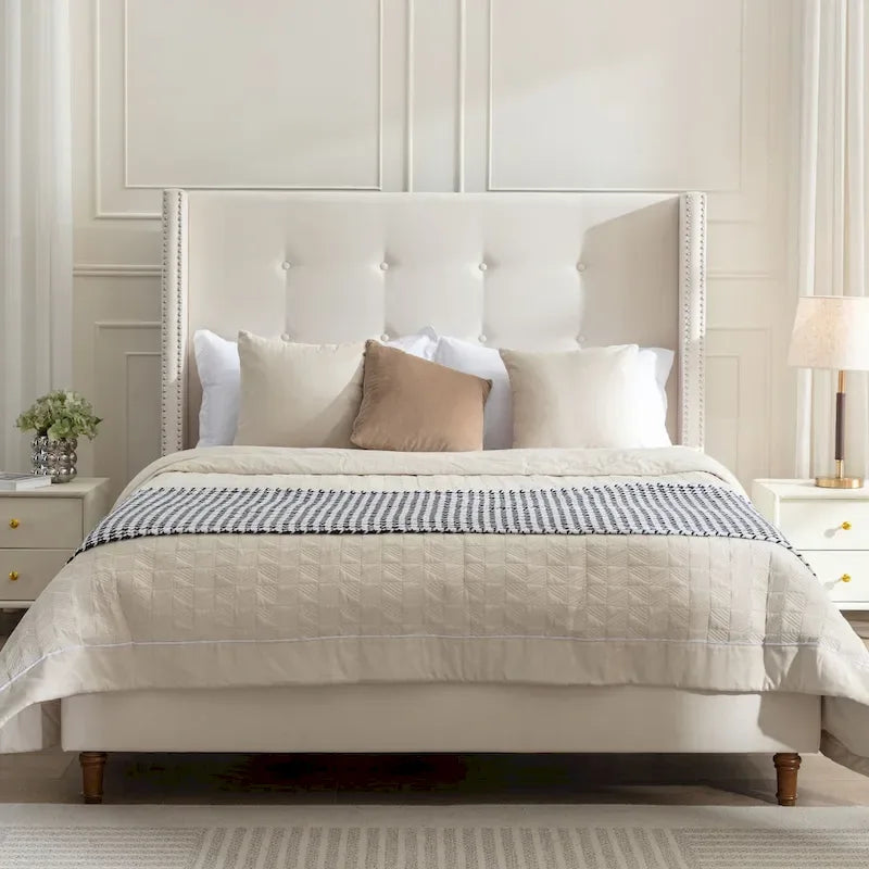 Lit double rembourré, tête de lit à oreilles, capitonné, garniture cloutée, tissu velours, lattes en bois, bleu/ivoire, pour 2 personnes