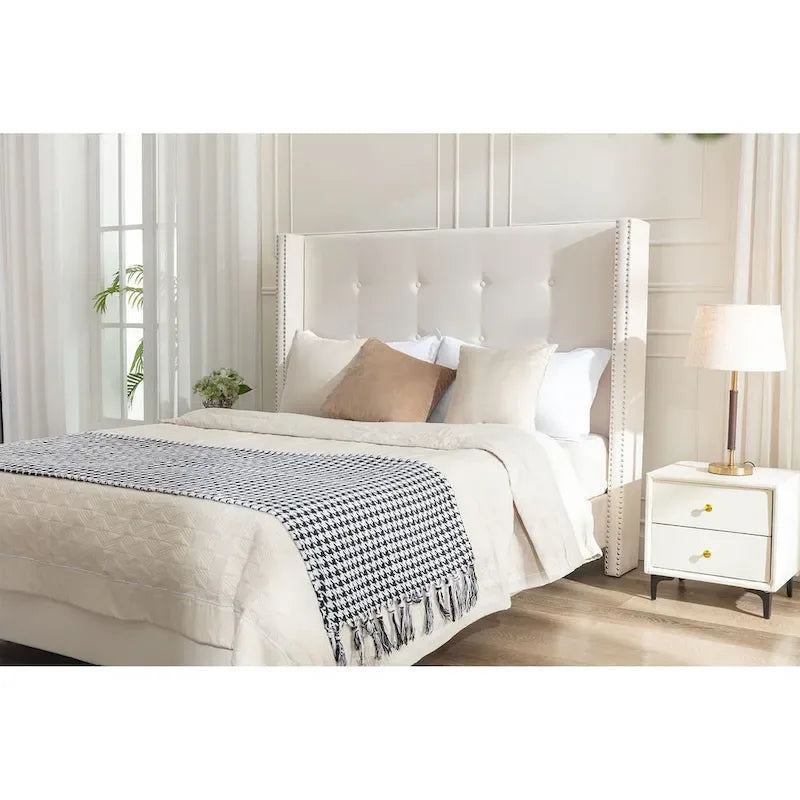 Lit double rembourré, tête de lit à oreilles, capitonné, garniture cloutée, tissu velours, lattes en bois, bleu/ivoire, pour 2 personnes