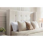 Lit double rembourré, tête de lit à oreilles, capitonné, garniture cloutée, tissu velours, lattes en bois, bleu/ivoire, pour 2 personnes