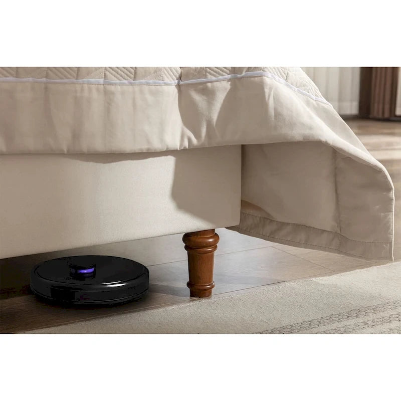Lit double rembourré, tête de lit à oreilles, capitonné, garniture cloutée, tissu velours, lattes en bois, bleu/ivoire, pour 2 personnes