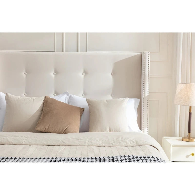 Lit double rembourré, tête de lit à oreilles, capitonné, garniture cloutée, tissu velours, lattes en bois, bleu/ivoire, pour 2 personnes