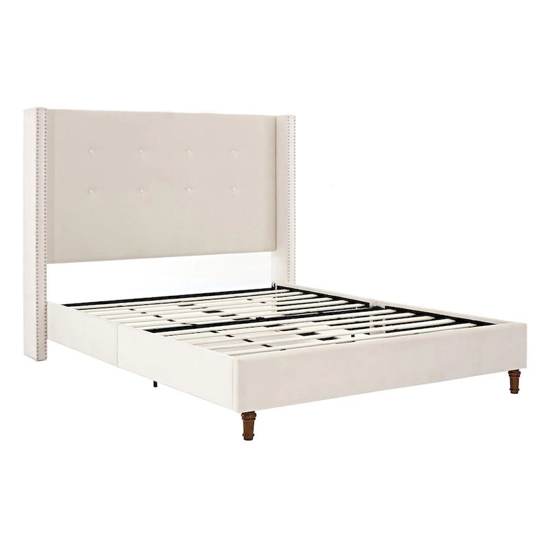 Lit double rembourré, tête de lit à oreilles, capitonné, garniture cloutée, tissu velours, lattes en bois, bleu/ivoire, pour 2 personnes