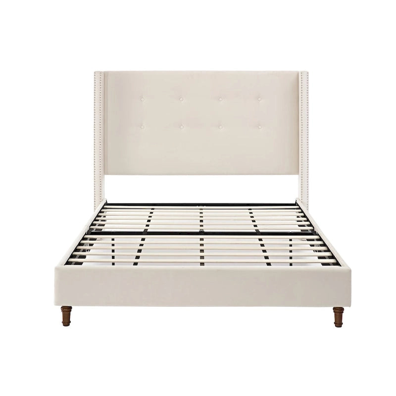 Lit double rembourré, tête de lit à oreilles, capitonné, garniture cloutée, tissu velours, lattes en bois, bleu/ivoire, pour 2 personnes