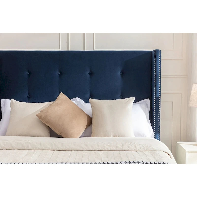 Lit double rembourré, tête de lit à oreilles, capitonné, garniture cloutée, tissu velours, lattes en bois, bleu/ivoire, pour 2 personnes