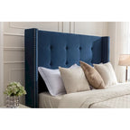 Lit double rembourré, tête de lit à oreilles, capitonné, garniture cloutée, tissu velours, lattes en bois, bleu/ivoire, pour 2 personnes