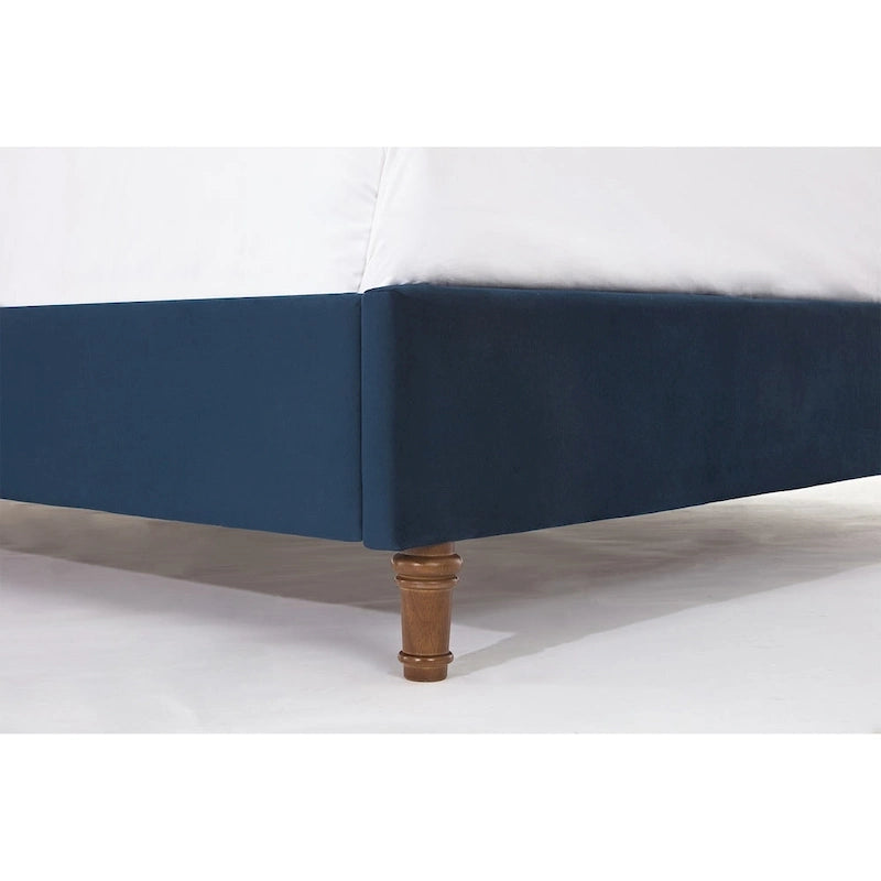 Lit double rembourré, tête de lit à oreilles, capitonné, garniture cloutée, tissu velours, lattes en bois, bleu/ivoire, pour 2 personnes