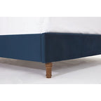 Lit double rembourré, tête de lit à oreilles, capitonné, garniture cloutée, tissu velours, lattes en bois, bleu/ivoire, pour 2 personnes