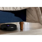 Lit double rembourré, tête de lit à oreilles, capitonné, garniture cloutée, tissu velours, lattes en bois, bleu/ivoire, pour 2 personnes