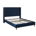 Lit double rembourré, tête de lit à oreilles, capitonné, garniture cloutée, tissu velours, lattes en bois, bleu/ivoire, pour 2 personnes