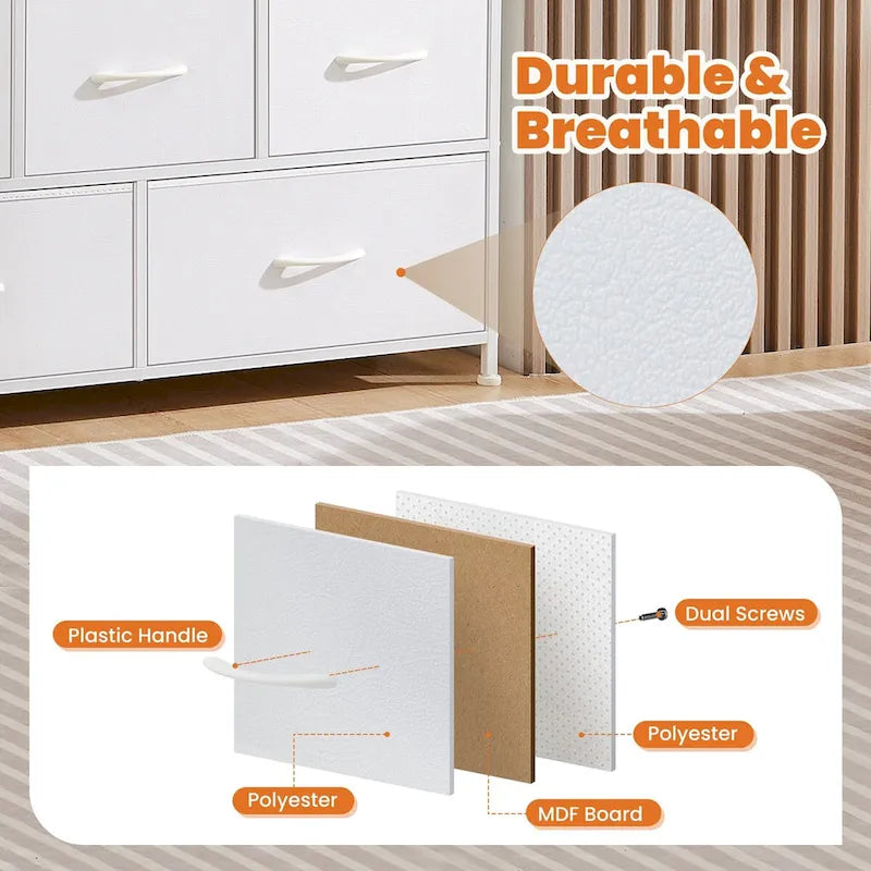Commode de Rangement en Tissu à 5 Tiroirs, Cadre en Acier, Plateau en MDF, Dispositifs Anti-Basculement, Blanc, Utilisation par 1 Personne