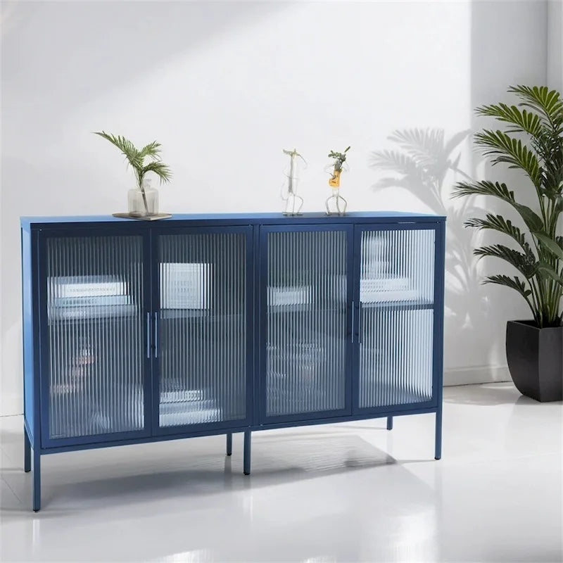 Buffet à 4 portes, portes en verre cannelé, étagère réglable, cadre en acier, dispositif anti-basculement, bleu / noir / vert menthe, utilisation par 1 personne