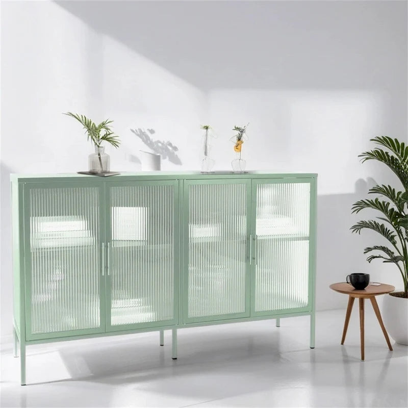 Buffet à 4 portes, portes en verre cannelé, étagère réglable, cadre en acier, dispositif anti-basculement, bleu / noir / vert menthe, utilisation par 1 personne