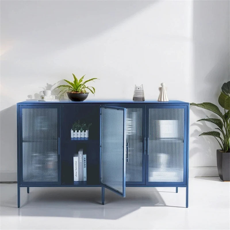 Buffet à 4 portes, portes en verre cannelé, étagère réglable, cadre en acier, dispositif anti-basculement, bleu / noir / vert menthe, utilisation par 1 personne