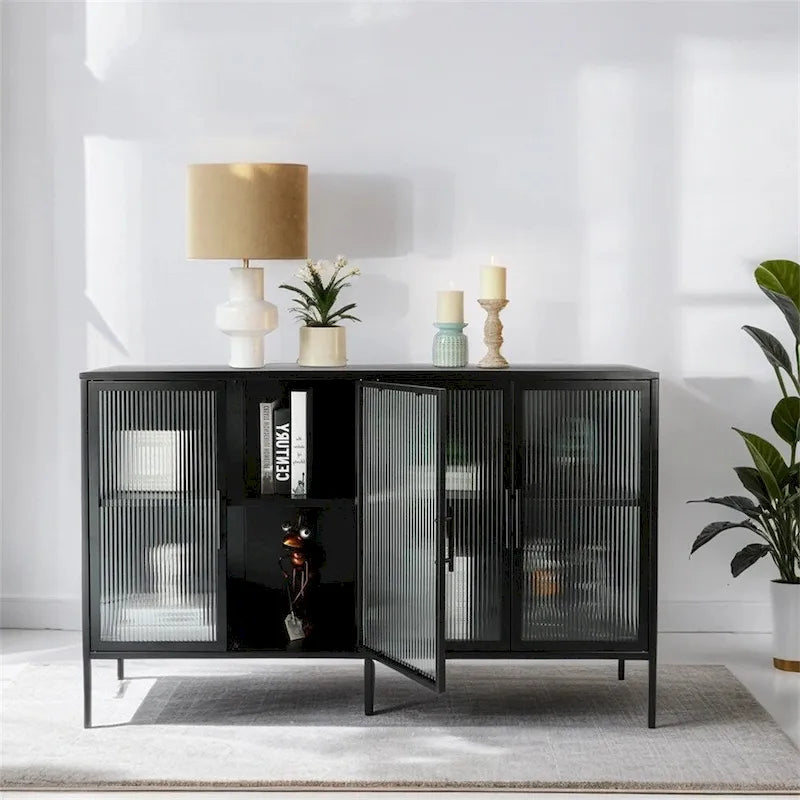 Buffet à 4 portes, portes en verre cannelé, étagère réglable, cadre en acier, dispositif anti-basculement, bleu / noir / vert menthe, utilisation par 1 personne