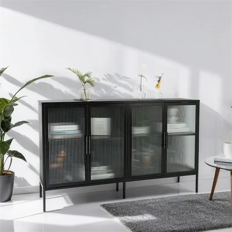 Buffet à 4 portes, portes en verre cannelé, étagère réglable, cadre en acier, dispositif anti-basculement, bleu / noir / vert menthe, utilisation par 1 personne