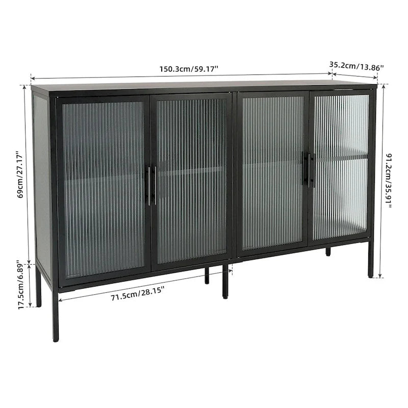Buffet à 4 portes, portes en verre cannelé, étagère réglable, cadre en acier, dispositif anti-basculement, bleu / noir / vert menthe, utilisation par 1 personne