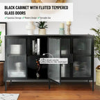 Buffet à 4 portes, portes en verre cannelé, étagère réglable, cadre en acier, dispositif anti-basculement, bleu / noir / vert menthe, utilisation par 1 personne
