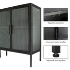 Buffet à 4 portes, portes en verre cannelé, étagère réglable, cadre en acier, dispositif anti-basculement, bleu / noir / vert menthe, utilisation par 1 personne