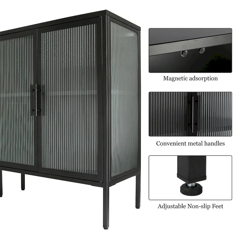 Buffet à 4 portes, portes en verre cannelé, étagère réglable, cadre en acier, dispositif anti-basculement, bleu / noir / vert menthe, utilisation par 1 personne