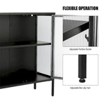 Buffet à 4 portes, portes en verre cannelé, étagère réglable, cadre en acier, dispositif anti-basculement, bleu / noir / vert menthe, utilisation par 1 personne