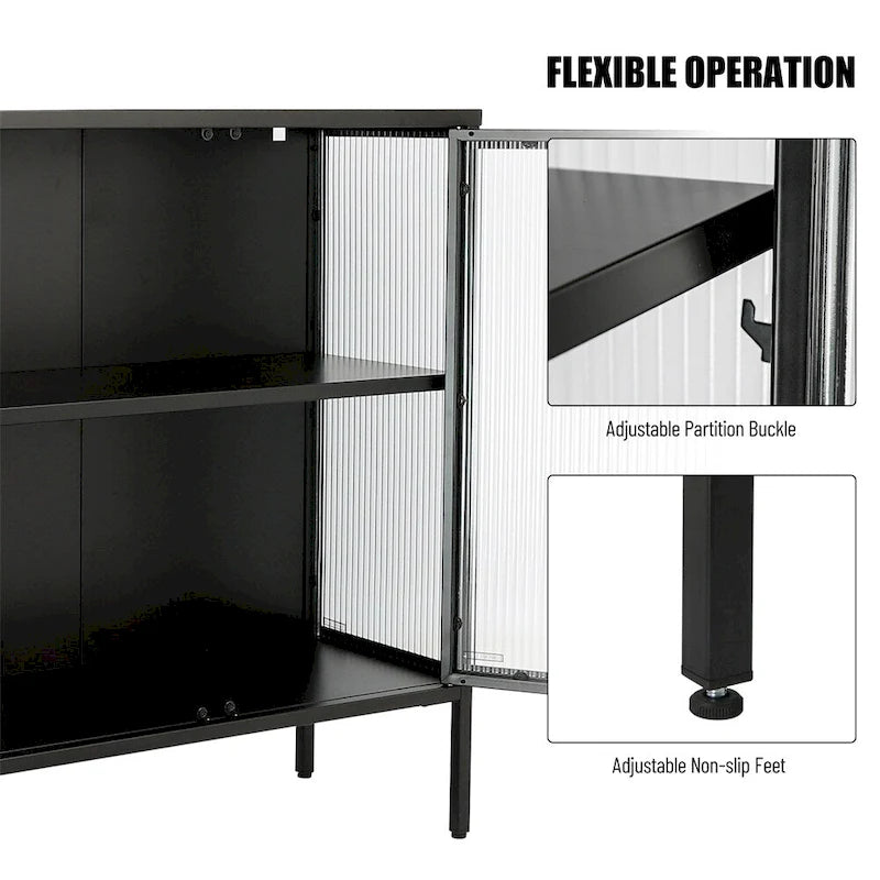 Buffet à 4 portes, portes en verre cannelé, étagère réglable, cadre en acier, dispositif anti-basculement, bleu / noir / vert menthe, utilisation par 1 personne
