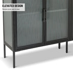 Buffet à 4 portes, portes en verre cannelé, étagère réglable, cadre en acier, dispositif anti-basculement, bleu / noir / vert menthe, utilisation par 1 personne