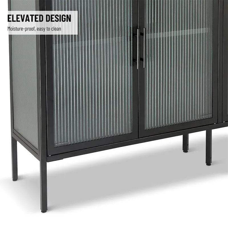 Buffet à 4 portes, portes en verre cannelé, étagère réglable, cadre en acier, dispositif anti-basculement, bleu / noir / vert menthe, utilisation par 1 personne
