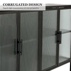 Buffet à 4 portes, portes en verre cannelé, étagère réglable, cadre en acier, dispositif anti-basculement, bleu / noir / vert menthe, utilisation par 1 personne