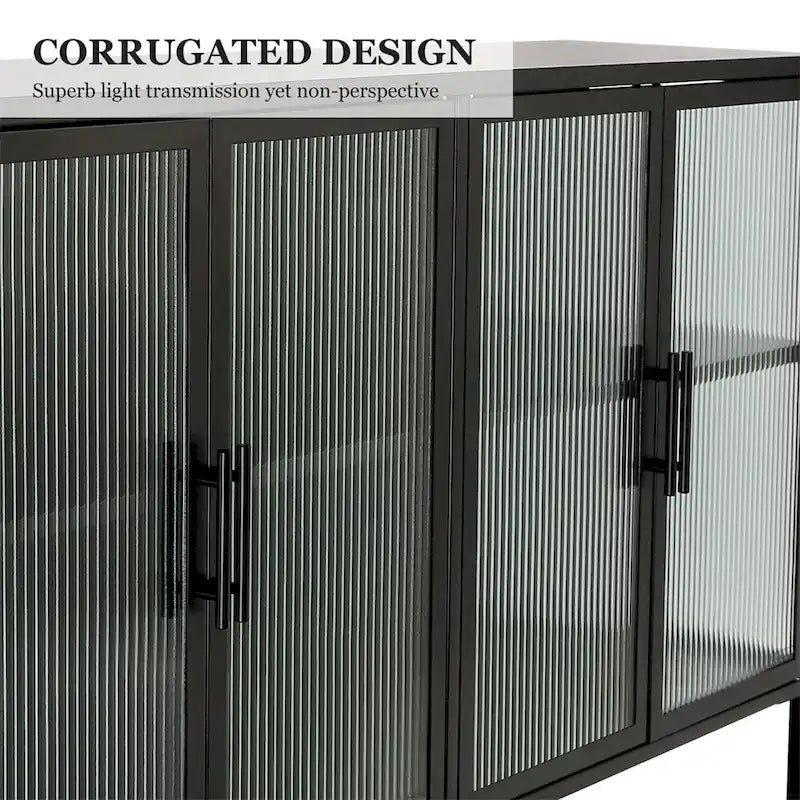 Buffet à 4 portes, portes en verre cannelé, étagère réglable, cadre en acier, dispositif anti-basculement, bleu / noir / vert menthe, utilisation par 1 personne