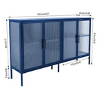 Buffet à 4 portes, portes en verre cannelé, étagère réglable, cadre en acier, dispositif anti-basculement, bleu / noir / vert menthe, utilisation par 1 personne
