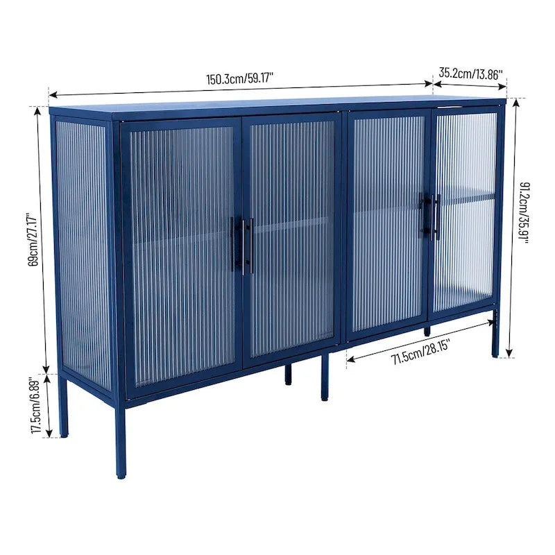 Buffet à 4 portes, portes en verre cannelé, étagère réglable, cadre en acier, dispositif anti-basculement, bleu / noir / vert menthe, utilisation par 1 personne