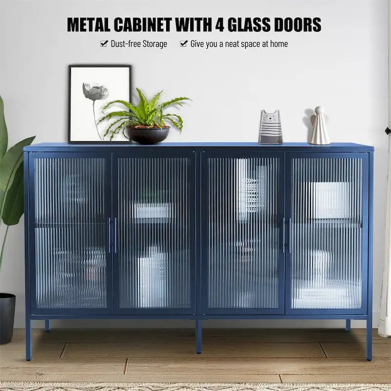Buffet à 4 portes, portes en verre cannelé, étagère réglable, cadre en acier, dispositif anti-basculement, bleu / noir / vert menthe, utilisation par 1 personne