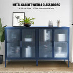 Buffet à 4 portes, portes en verre cannelé, étagère réglable, cadre en acier, dispositif anti-basculement, bleu / noir / vert menthe, utilisation par 1 personne