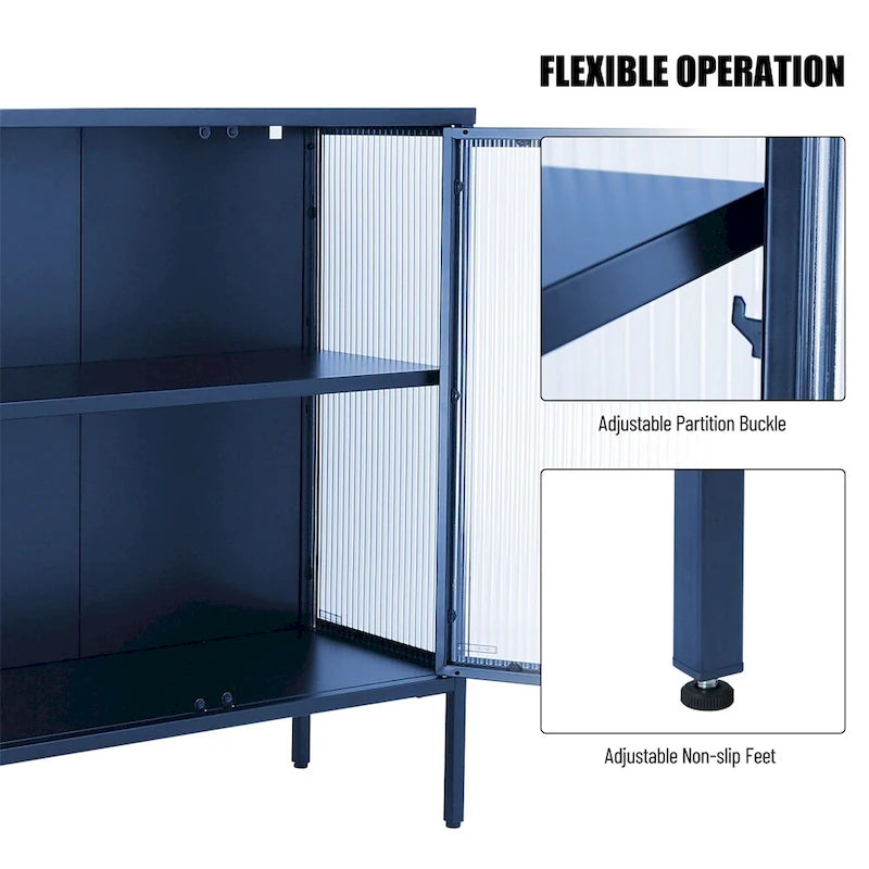 Buffet à 4 portes, portes en verre cannelé, étagère réglable, cadre en acier, dispositif anti-basculement, bleu / noir / vert menthe, utilisation par 1 personne