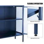 Buffet à 4 portes, portes en verre cannelé, étagère réglable, cadre en acier, dispositif anti-basculement, bleu / noir / vert menthe, utilisation par 1 personne