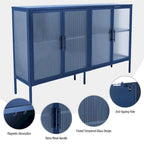 Buffet à 4 portes, portes en verre cannelé, étagère réglable, cadre en acier, dispositif anti-basculement, bleu / noir / vert menthe, utilisation par 1 personne