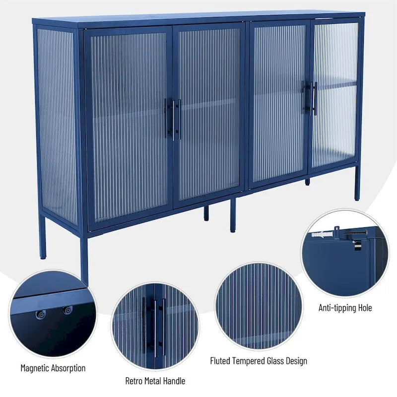 Buffet à 4 portes, portes en verre cannelé, étagère réglable, cadre en acier, dispositif anti-basculement, bleu / noir / vert menthe, utilisation par 1 personne