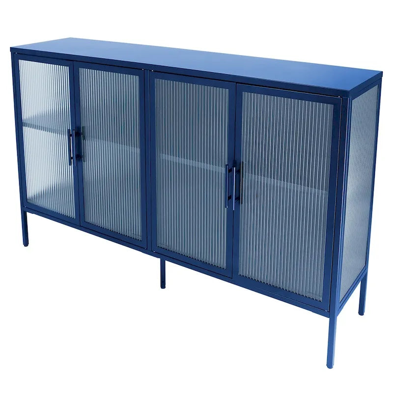 Buffet à 4 portes, portes en verre cannelé, étagère réglable, cadre en acier, dispositif anti-basculement, bleu / noir / vert menthe, utilisation par 1 personne