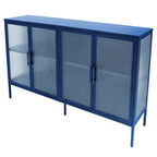 Buffet à 4 portes, portes en verre cannelé, étagère réglable, cadre en acier, dispositif anti-basculement, bleu / noir / vert menthe, utilisation par 1 personne