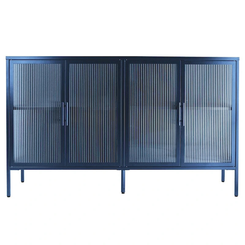 Buffet à 4 portes, portes en verre cannelé, étagère réglable, cadre en acier, dispositif anti-basculement, bleu / noir / vert menthe, utilisation par 1 personne