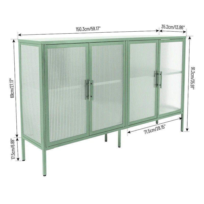 Buffet à 4 portes, portes en verre cannelé, étagère réglable, cadre en acier, dispositif anti-basculement, bleu / noir / vert menthe, utilisation par 1 personne