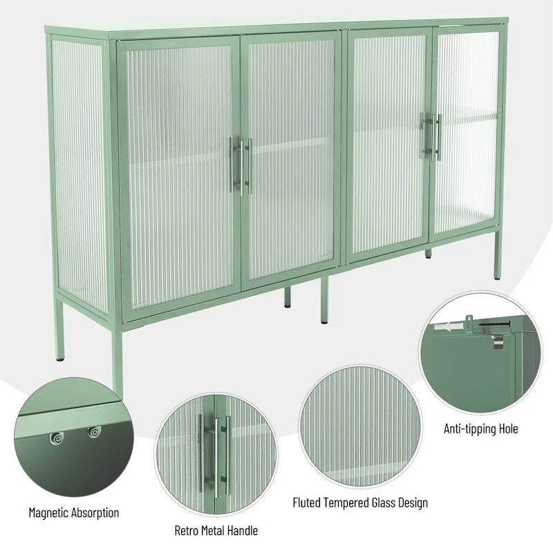 Buffet à 4 portes, portes en verre cannelé, étagère réglable, cadre en acier, dispositif anti-basculement, bleu / noir / vert menthe, utilisation par 1 personne