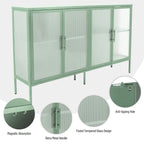 Buffet à 4 portes, portes en verre cannelé, étagère réglable, cadre en acier, dispositif anti-basculement, bleu / noir / vert menthe, utilisation par 1 personne
