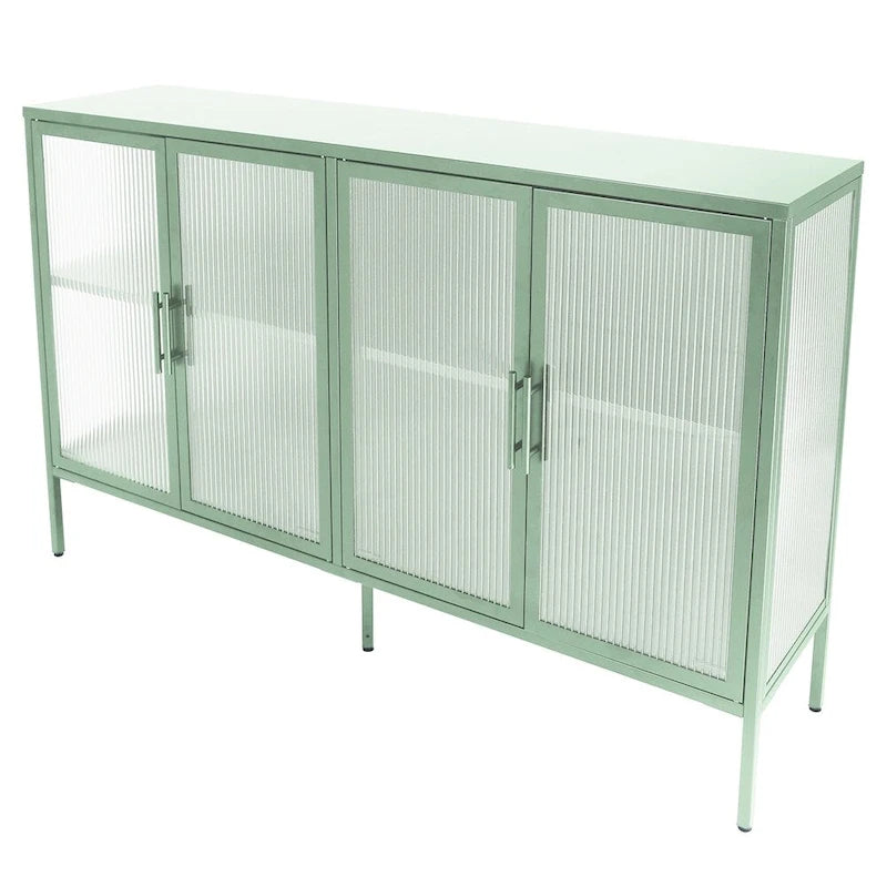 Buffet à 4 portes, portes en verre cannelé, étagère réglable, cadre en acier, dispositif anti-basculement, bleu / noir / vert menthe, utilisation par 1 personne