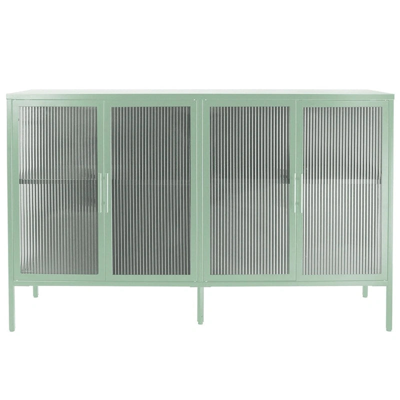 Buffet à 4 portes, portes en verre cannelé, étagère réglable, cadre en acier, dispositif anti-basculement, bleu / noir / vert menthe, utilisation par 1 personne